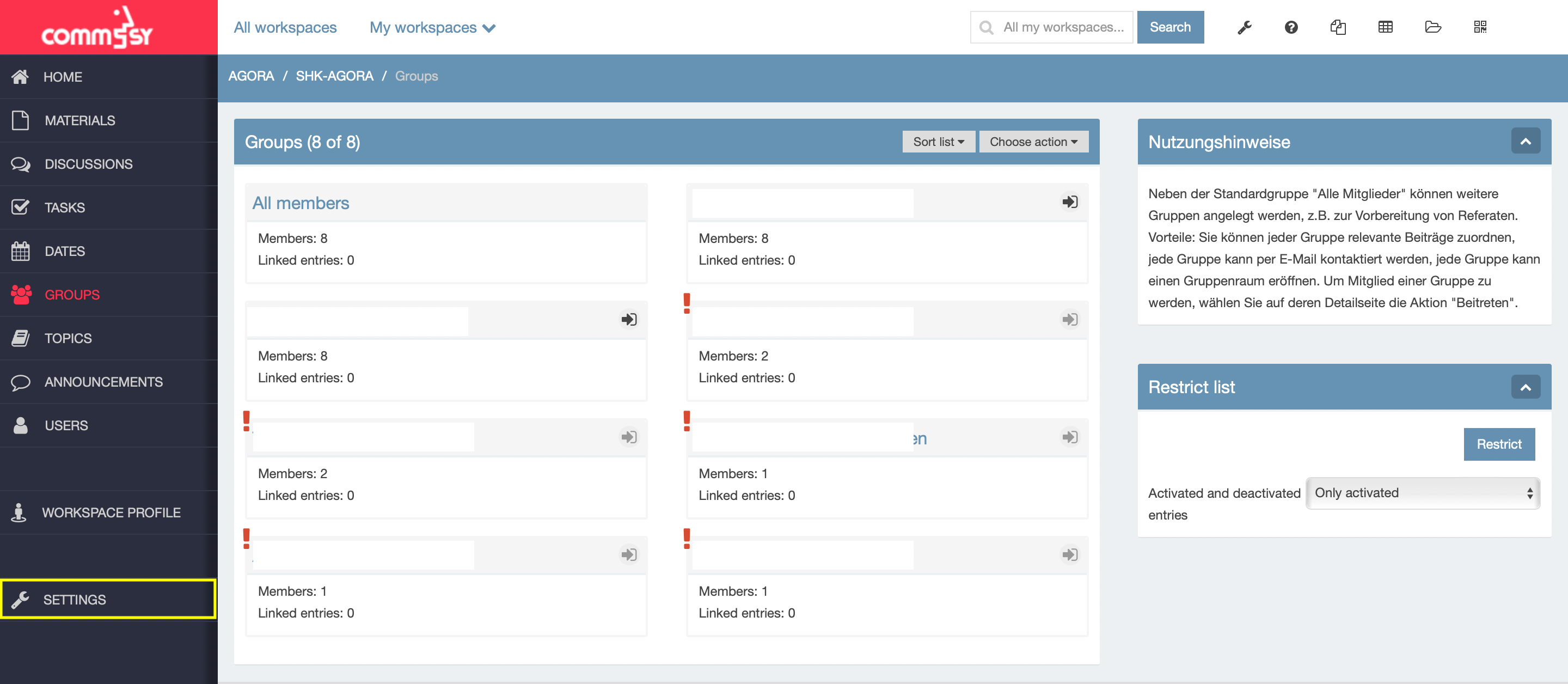 Screenshot: workspace 'groups' section on the rubric list with a highlight on the 'settings' option 