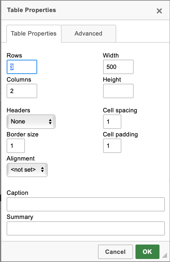 Screenshot: Tables properties menu