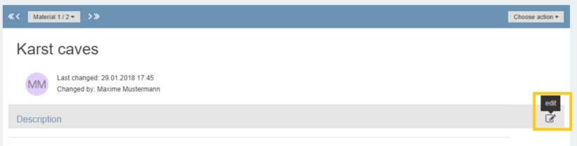 Screenshot: Material entry example with a highlight on the description's 'edit' button 