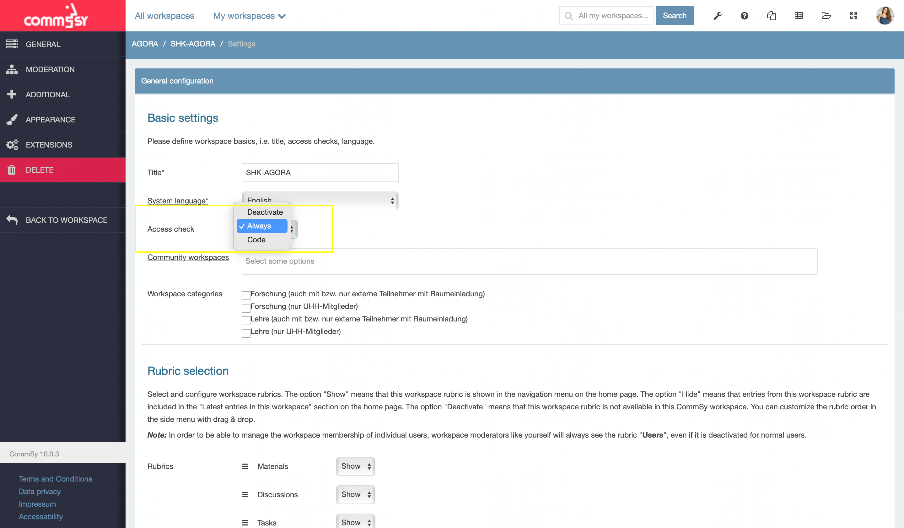 Screenshot: settings section of the workspace with a highlight on the 'access check' drop down menu of the basic settings menu