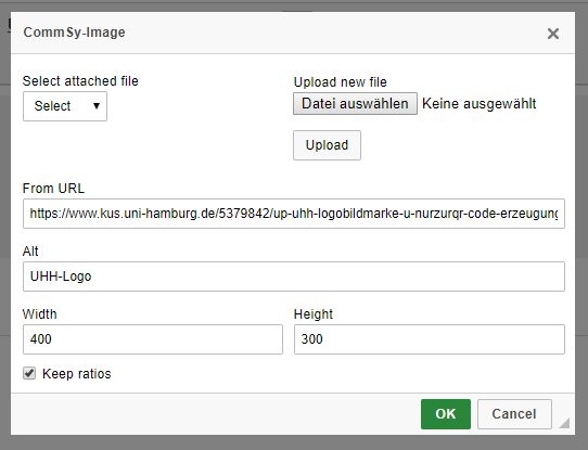 Screenshot: inserting an URL for the inserted image on the CommSy-image form