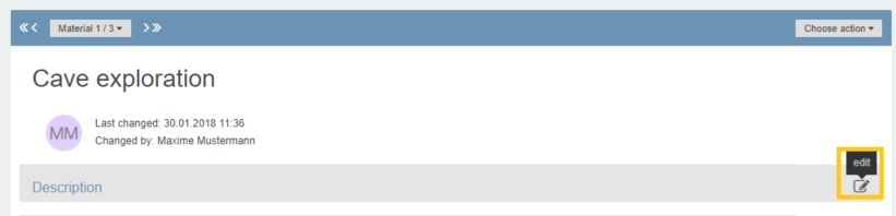 Screenshot: Material entry example with a highlight on the description's 'edit' button 