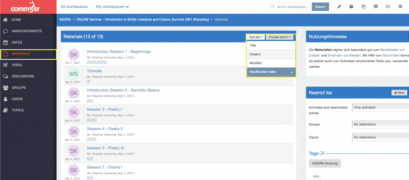 Screenshot: Materials rubric with a higlight on 'sort list' and 'modification data'