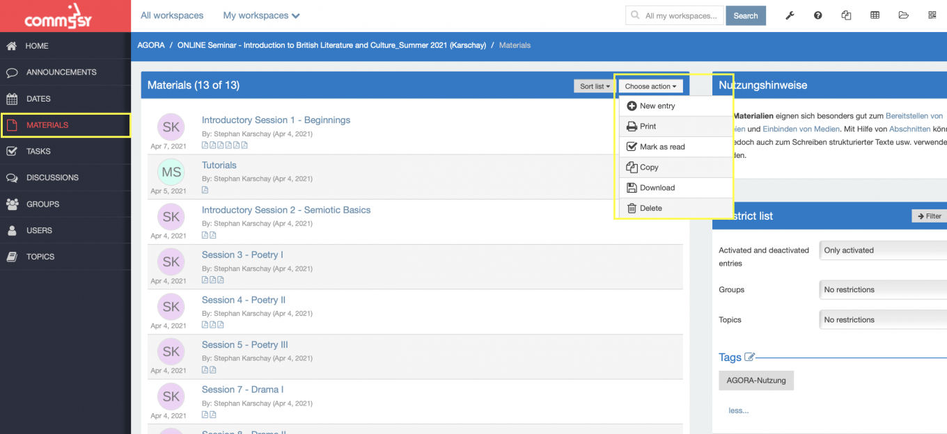 Screenshot: Materials rubric with a highllight on 'choose action' drop down menu 