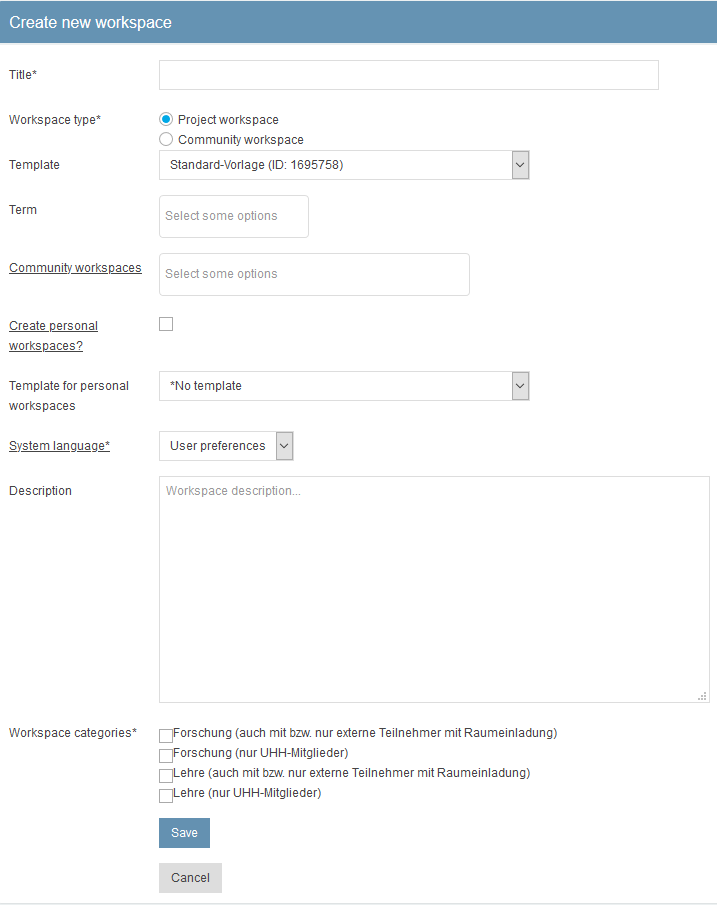 Screenshot: 'create a new workspace' form 