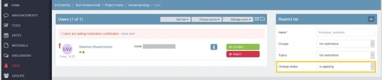 Screenshot: 'users' rubric with a highlight on the 'change status' of the 'restriction list' on the bottom right 