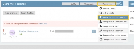 Screenshot: highlight on the 'approve or unlock accounts' of the 'manage users' menu on the top right