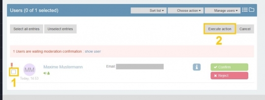 Screenshot: select user by clicking on the higlighted check box to the left of the user name and highlighted 'execute action' button on the top right 