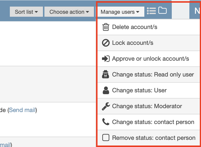 Screenshot: overview of the 'manage users' options menu on the top right