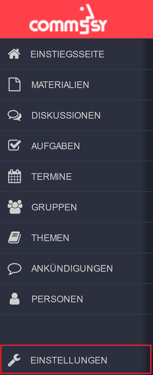 Rubrikleiste der CommSy-Website. Hervorgehoben: Einstellungen