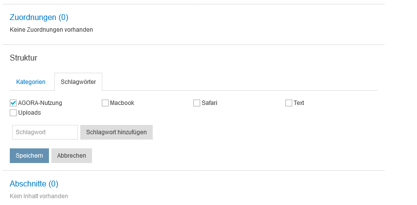 Screenshot von 'Schlagwörter zuordnen'-Ansicht