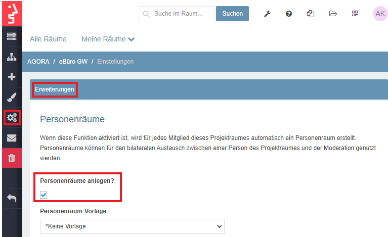 Screenshot 'Erweiterte Einstellungen' mit Auswahl der Funktion 'Personenräume anlegen'