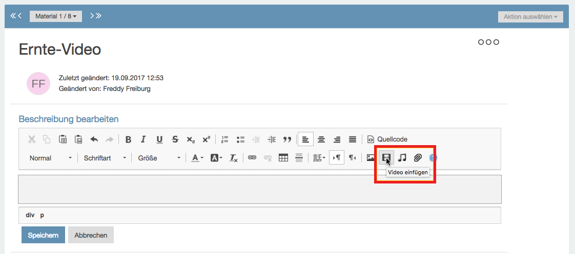 Screenshot mit markiertem 'Video einfügen' Button