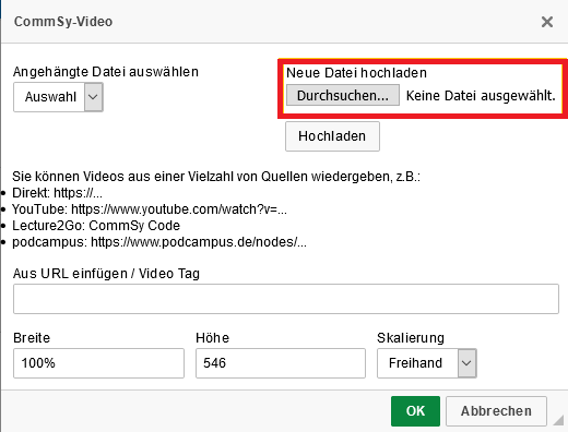 Screenshot mit dem Datei einfügen Pop-Up Fenster und markiertem Durchsuchen Button