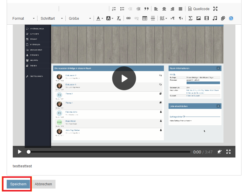 Screenshot mit eingebundenem Video und hervorgehobenenem 'Speichern' Button.