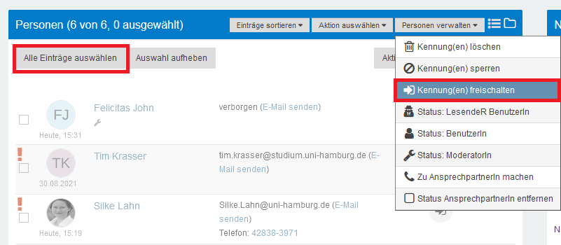 Screenshot des 'Personen verwalten' Bereiches mit der Funktion 'Kennung(en) freischalten' und 'Alle Einträge auswählen'. 
