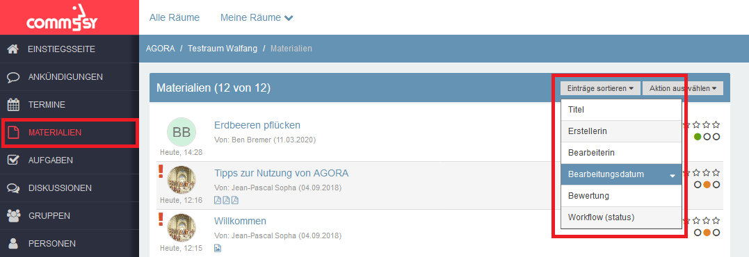 Screenshot der Rubrik 'Materialien' , Drop-Down Menü für die Sortierung von Materialien