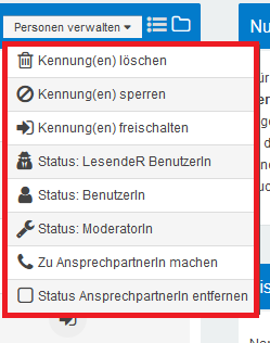 Personen verwalten'-Menü  mit Optionen zur Statusänderung der Teilnehmenden hervorgehobenen