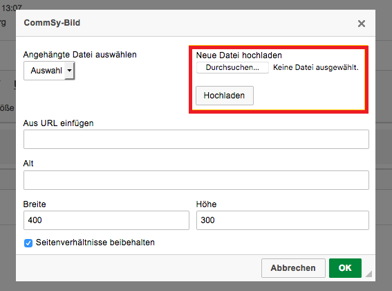 Screenshot mit dem Datei einfügen Pop-Up Fenster und markiertem Datei hochladen Bereich