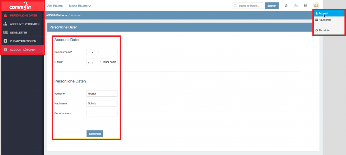 Eingabeformular 'Account Daten' und 'Persönliche Daten'.