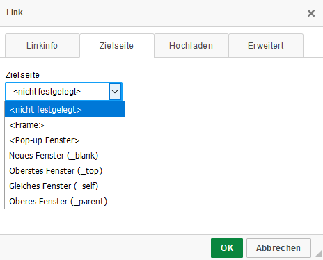 Screenshot von 'Zielseite'-Reiter im 'Link einfügen' Pop-Up