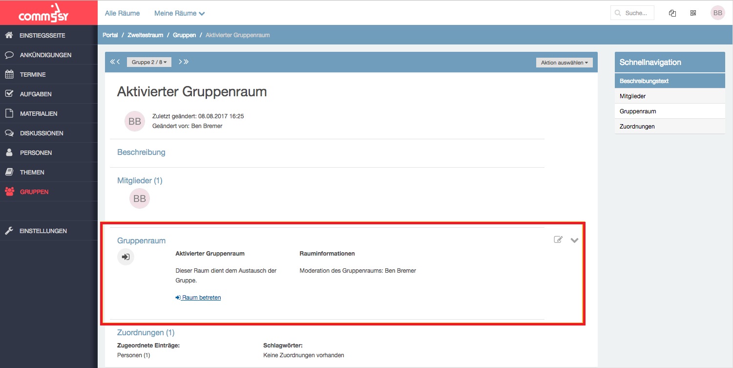 Screenshot: Aktivierten Gruppenraum betreten