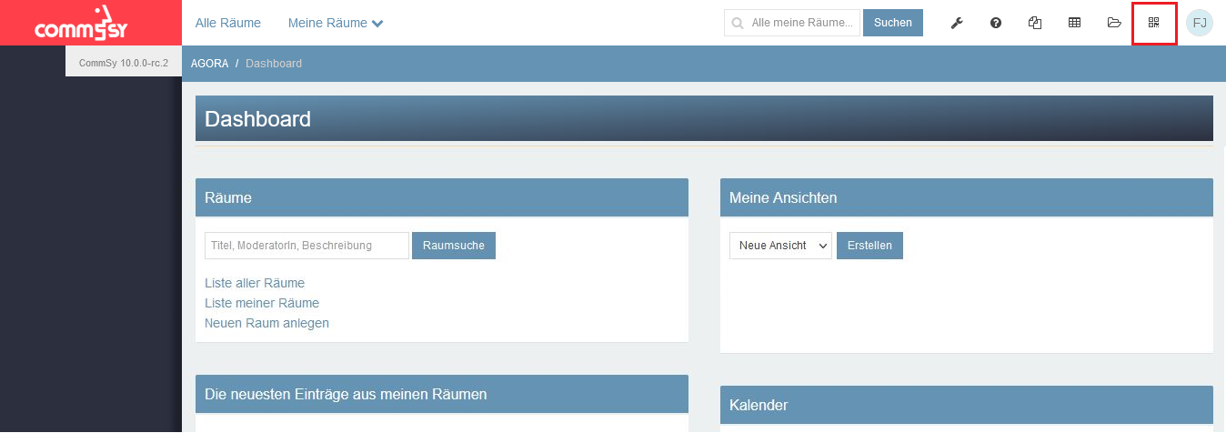 CommSy-Dashboard Ansicht. Hervorgehoben: Dashboard-Button