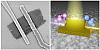 Elektronenmikroskopische Aufnahme einer Solarzelle (links), die aus einem zweidimensionalen Bleisulfid-Nanokristall besteht und mit zwei unterschiedlichen Metall-Elektroden kontaktiert ist (Titan/Platin). Schema der Solarzelle (rechts). Die Blasen über den Kontakten stellen die erzeugten positiven und negativen Ladungen dar. Bilder: UHH/Klinke